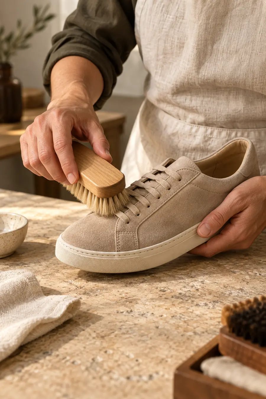 Illustrative campaign photograph of a suede sneaker being brushed by hand