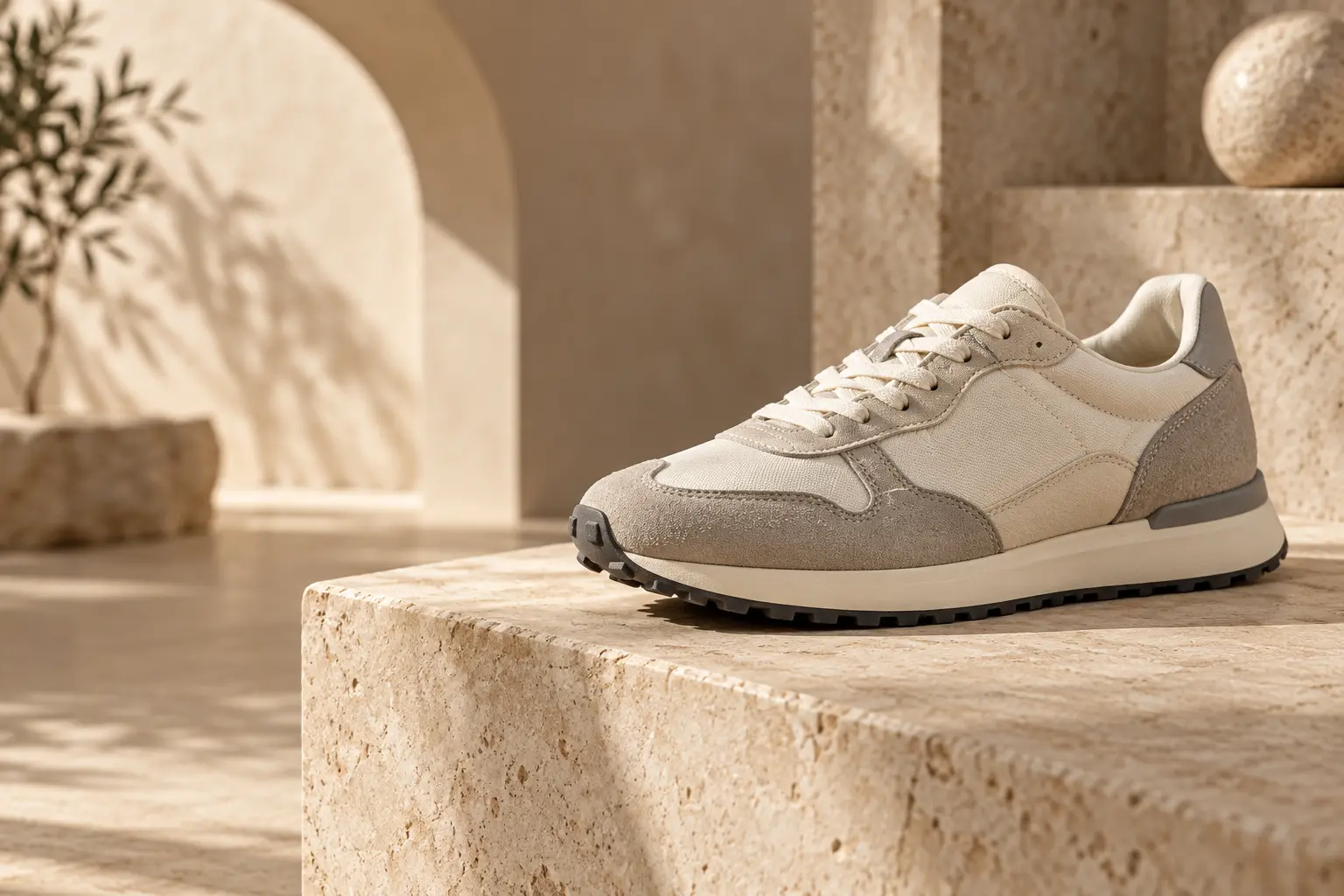 Editorial still life of a neutral suede sneaker on a stone plinth