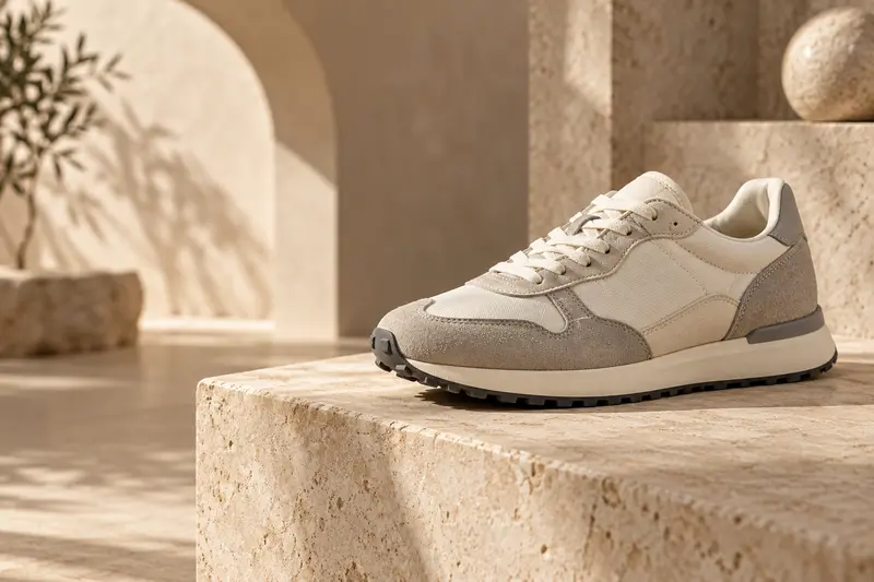 Neutral sneaker on a sunlit stone plinth